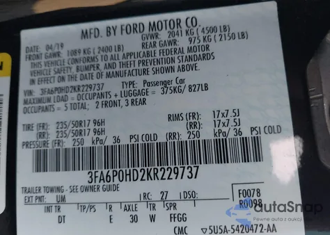 2019 Ford Fusion Se z USA, uszkodzony, nr VIN 3FA6P0HD2KR229737